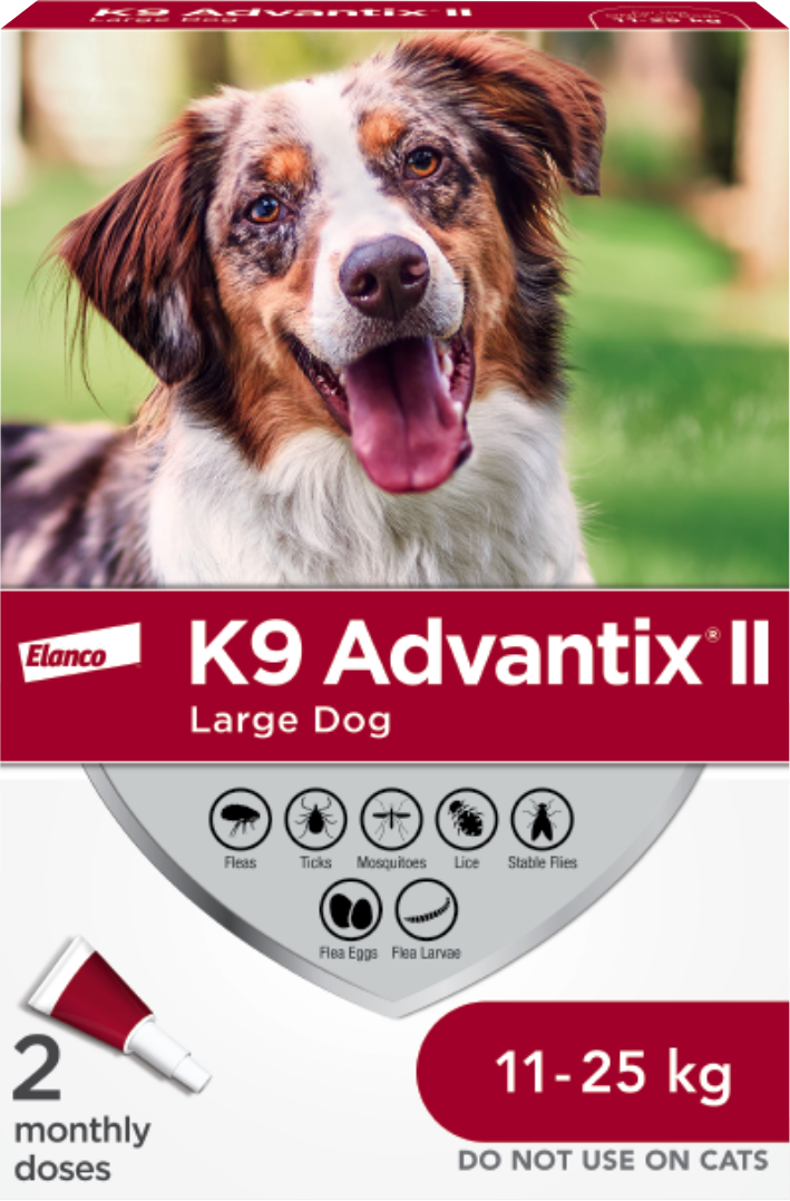 A box of K9 Advantix® II flea and tick treatment for large dogs. A happy Australian sheppard is featured above copy about the product. 