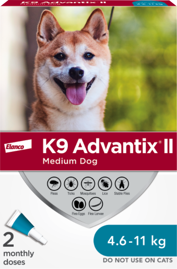 A box of K9 Advantix® II flea and tick treatment for medium dogs. A happy shiba inu is featured above copy about the product. 