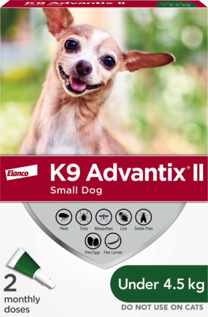A box of K9 Advantix® II flea and tick treatment for small dogs. A happy chihuahua is featured above copy about the product. 