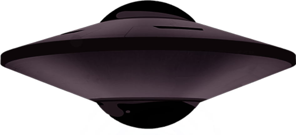 An alien shuttle hovers in the sky above the city.