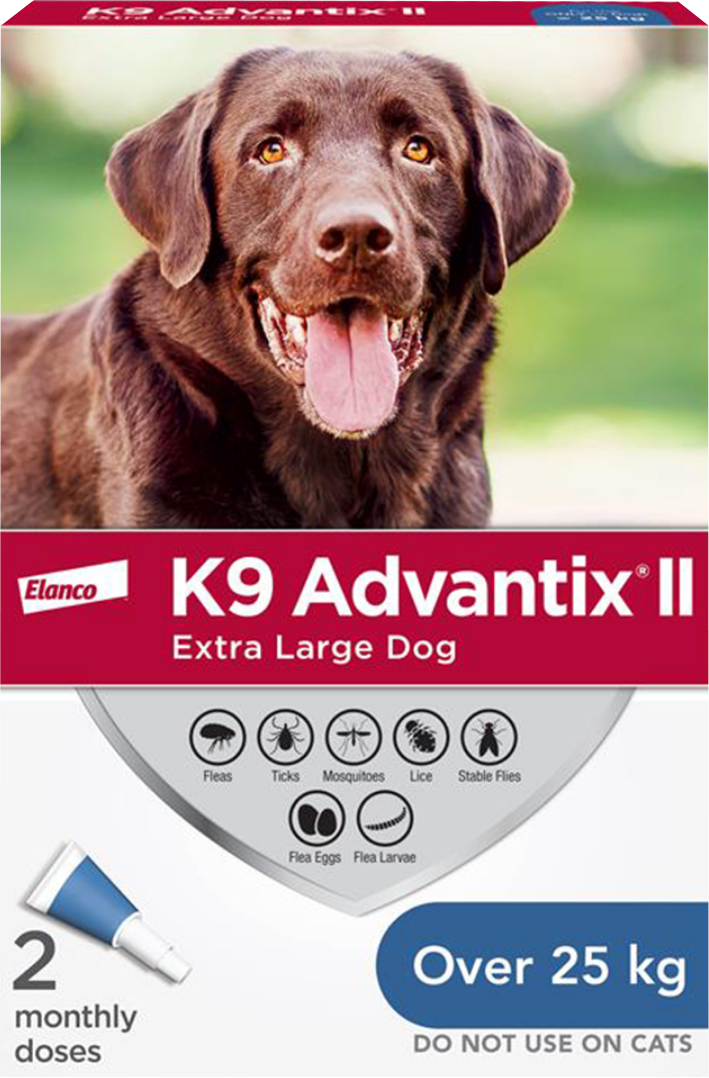 A box of K9 Advantix® II flea and tick treatment for exta large dogs. A happy chocolate lab is featured above copy about the product. 
